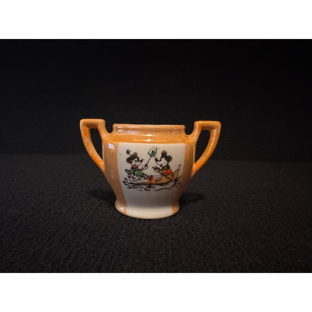 Vintage Mickey Mouse Peach Lusterware Child's Tea Sugar Dish & Plate Japan